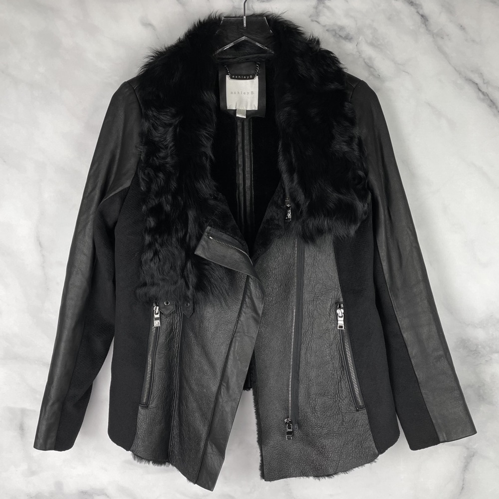 Ashley B Leather Shearling Wool Zipper Cowl Moto Biker Coat Jacket Black S $1795